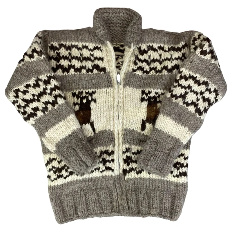 VTG NATIVE CANADIAN COWICHAN INDIAN HAND KNIT CARDIGAN ROCKABILLY HOT ROD 40” M