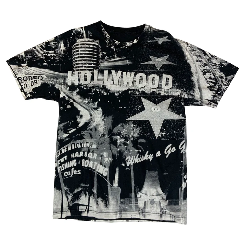 Vintage 90s All Over Print Hollywood Whisky A Go Go USA T-Shirt Large