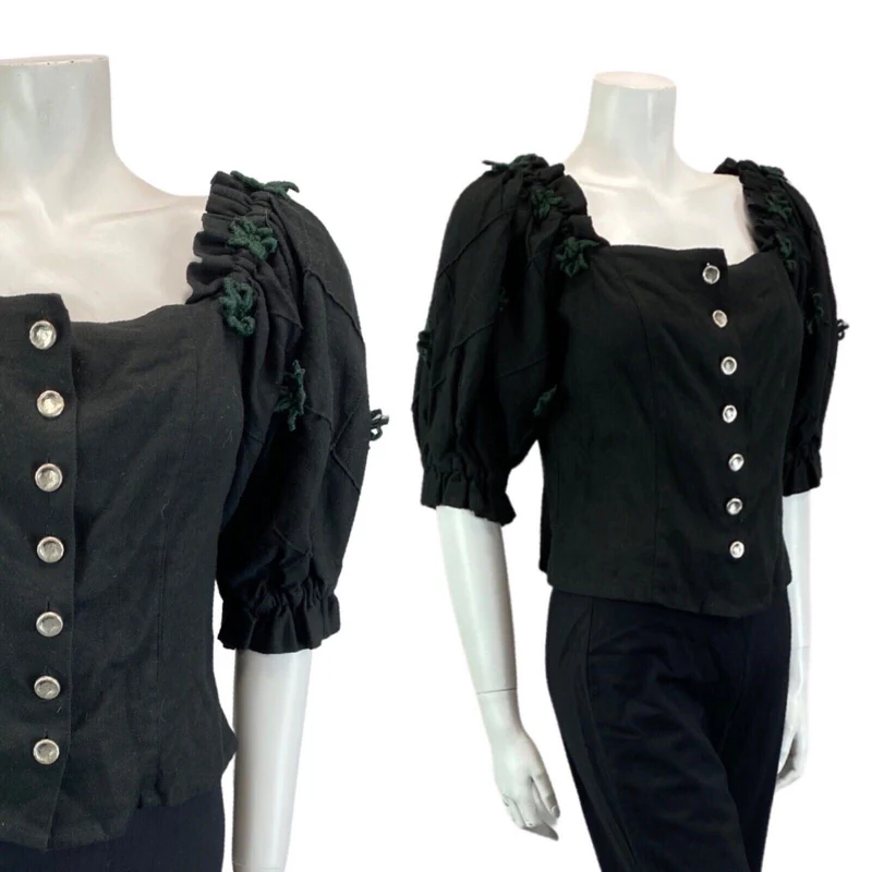 Vintage 90s 00s Black Button Up Tunic Blouse Authentic Tyrolean Linen Top M 1214