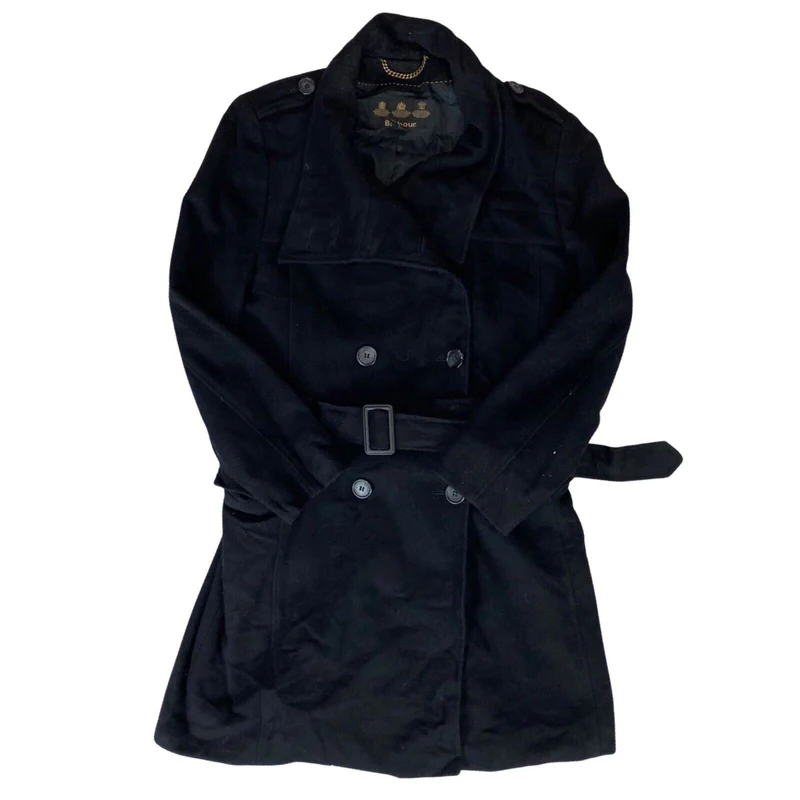 Vintage Black Double-Breasted Belted Barbour Women's Swing Coat M 12