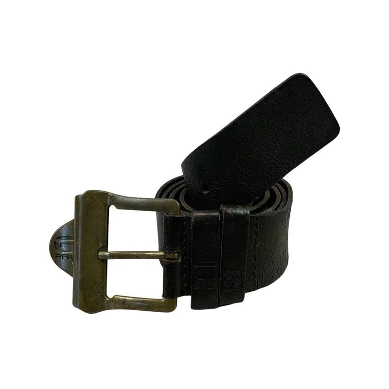 Vintage 90s 00s Brown Leather GSTAR Raw Denim Engraved Embossed Branded Belt L
