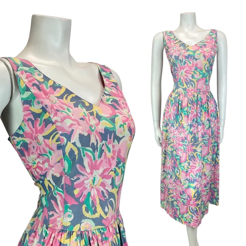 Vintage 80s Pink Purple Yellow Laura Ashley Floral Empire Dress 8 10 S