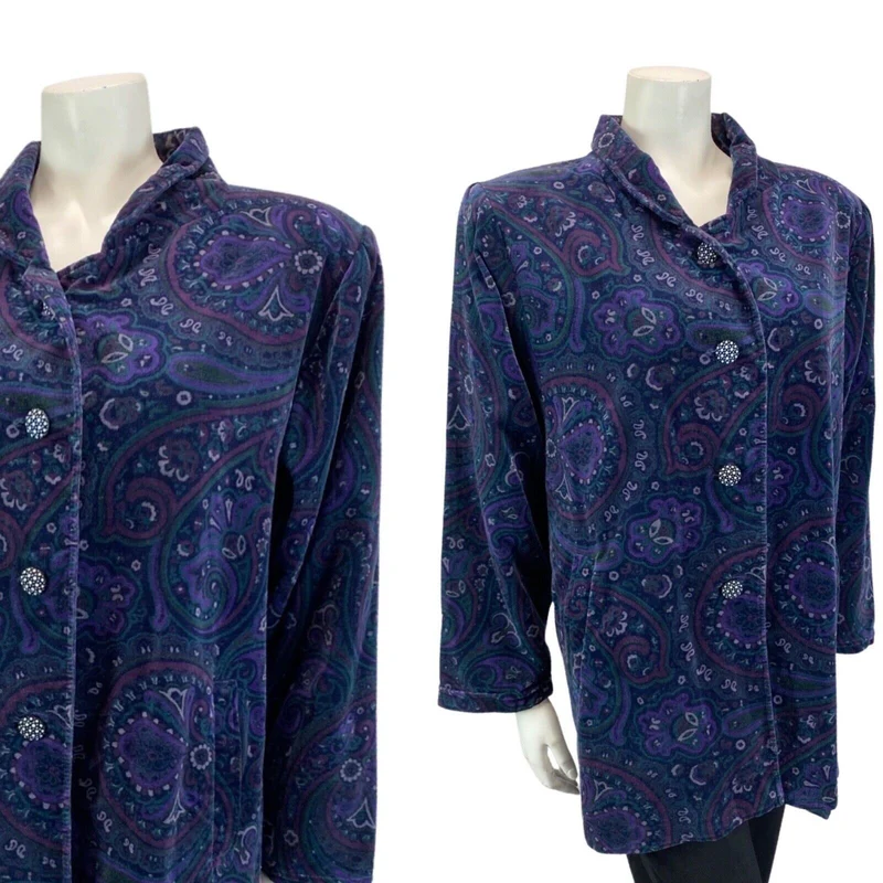 VINTAGE 70S 80S BLUE PURPLE BETTY BARCLAY VELVET PAISLEY PARTY JACKET M 14