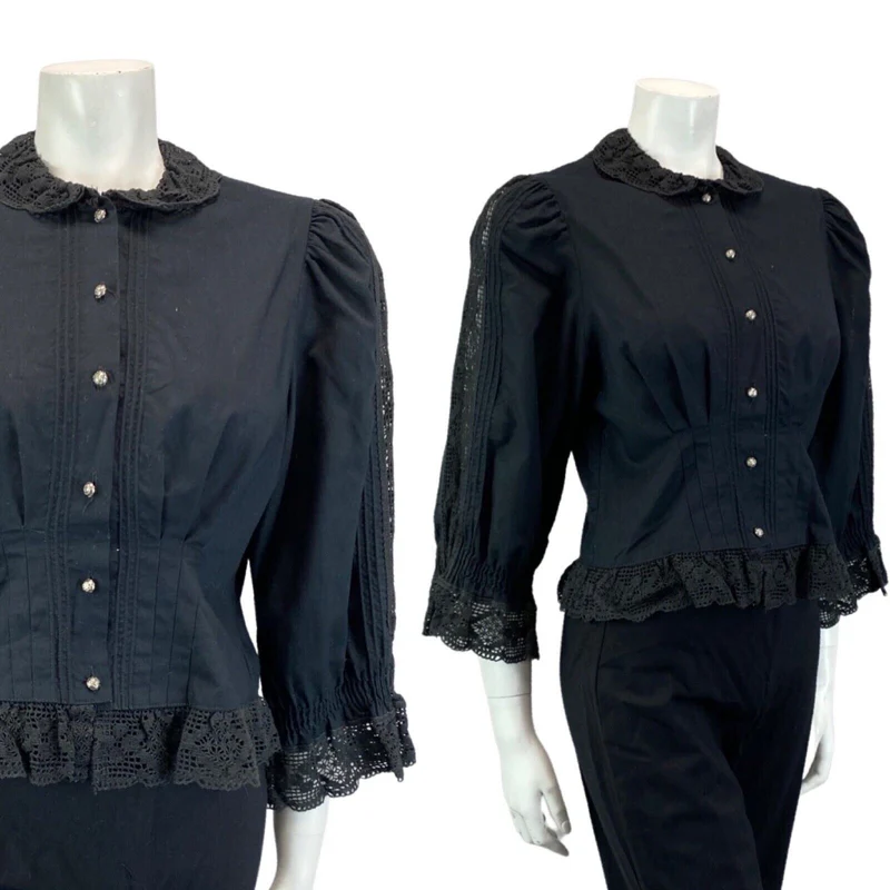 VINTAGE 80S BLACK LACE BOHO FOLK COLLARD SHIRT BLOUSE 8 10 S
