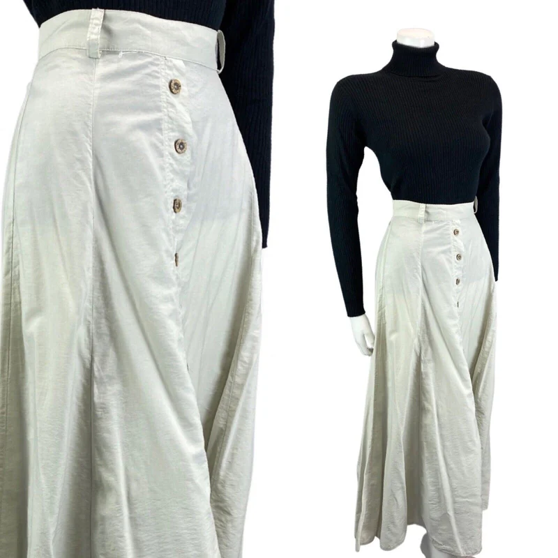 Vintage 90s White A-Line Button Up Long Maxi Skirt Cottagecore Minimal M 12 14