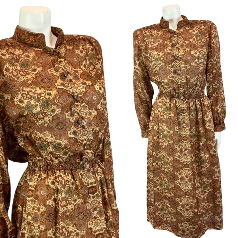 Vintage 80s Brown Louis Feraud Ornamental Patterned Modest Midi Dress M/L 14-16