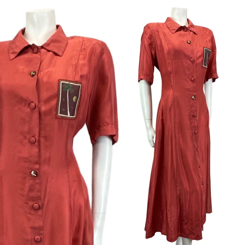 Vintage 80s 90s Red Lily Farouche Short Sleeve Maxi Button Up Silk Shirt Dress L