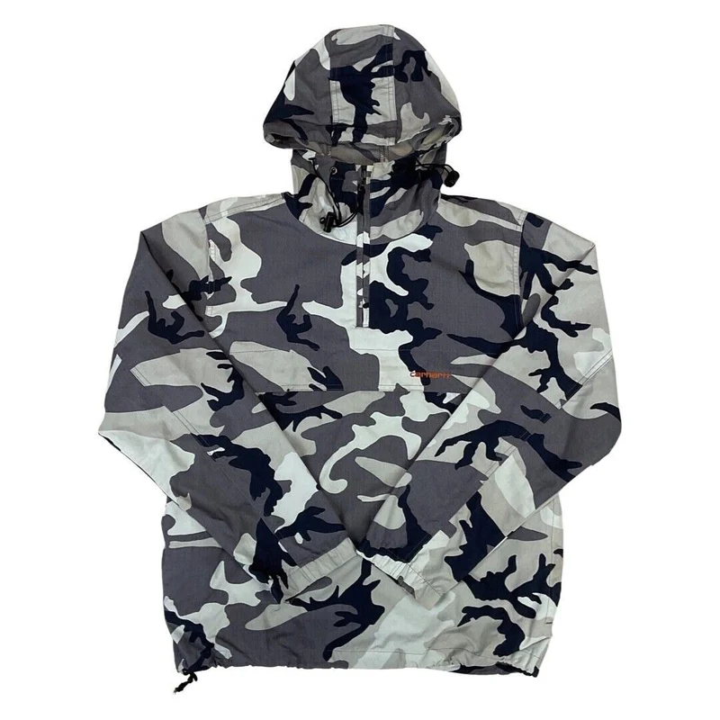 Carhartt Black & Grey Camouflage Print Pull-Over Hooded Windbreaker Medium
