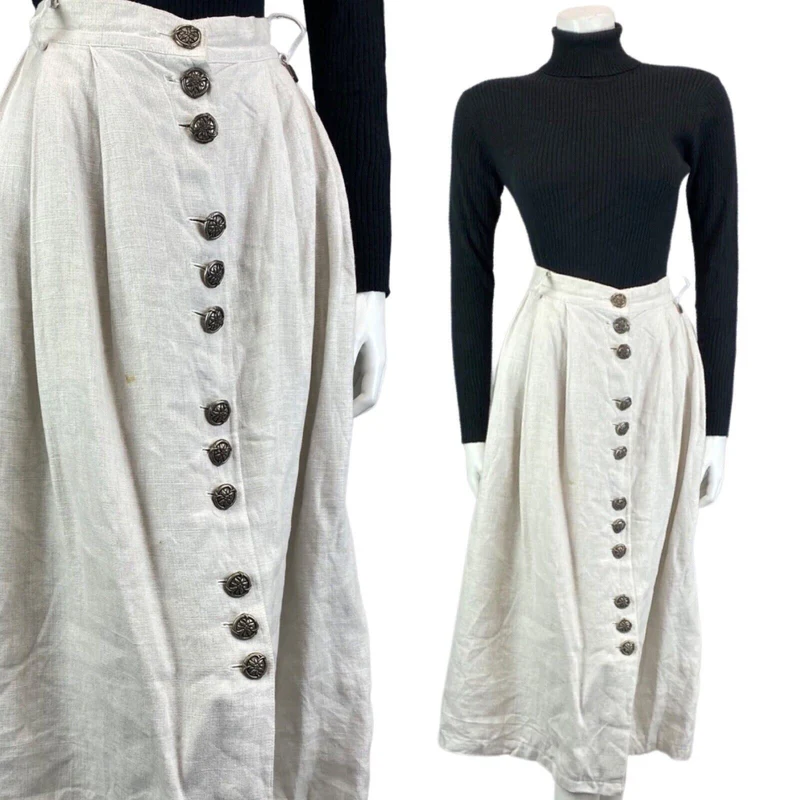Vintage 90s Beige Blue Linen Floral German Boho Folk Circle Swing Skirt 16 L