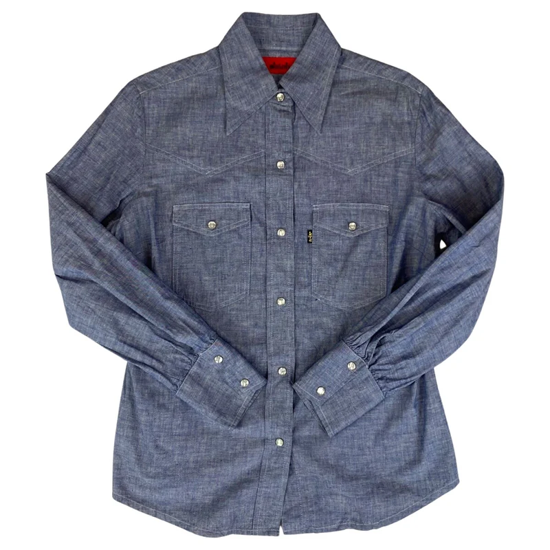 VTG 1970S BIG E MISS LEVIS BLACK/GOLD TAB DENIM CHAMBRAY WESTERN SHIRT 38” 12