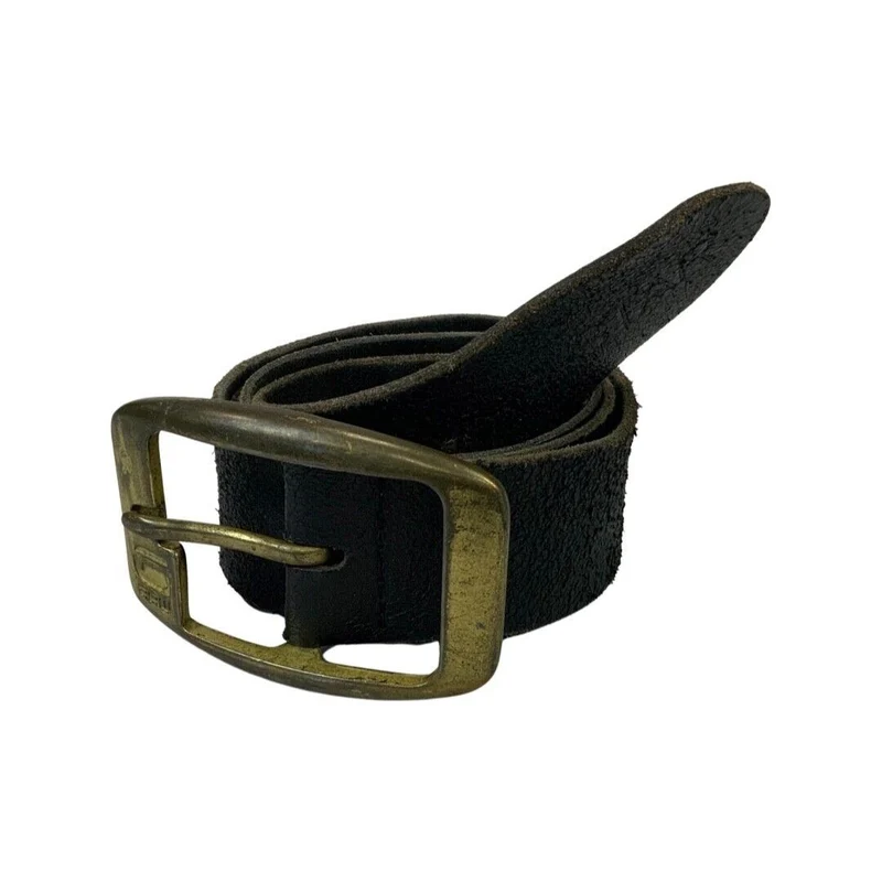 Vintage 90s 00s Brown Leather G Star Raw Denim Engraved Brass Buckle Belt M/L