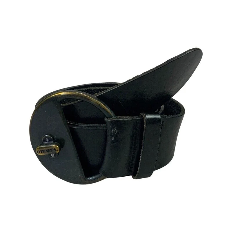 Vintage 00s Y2K Black Diesel Leather Designer Branded Engraved Chunky Belt M/L