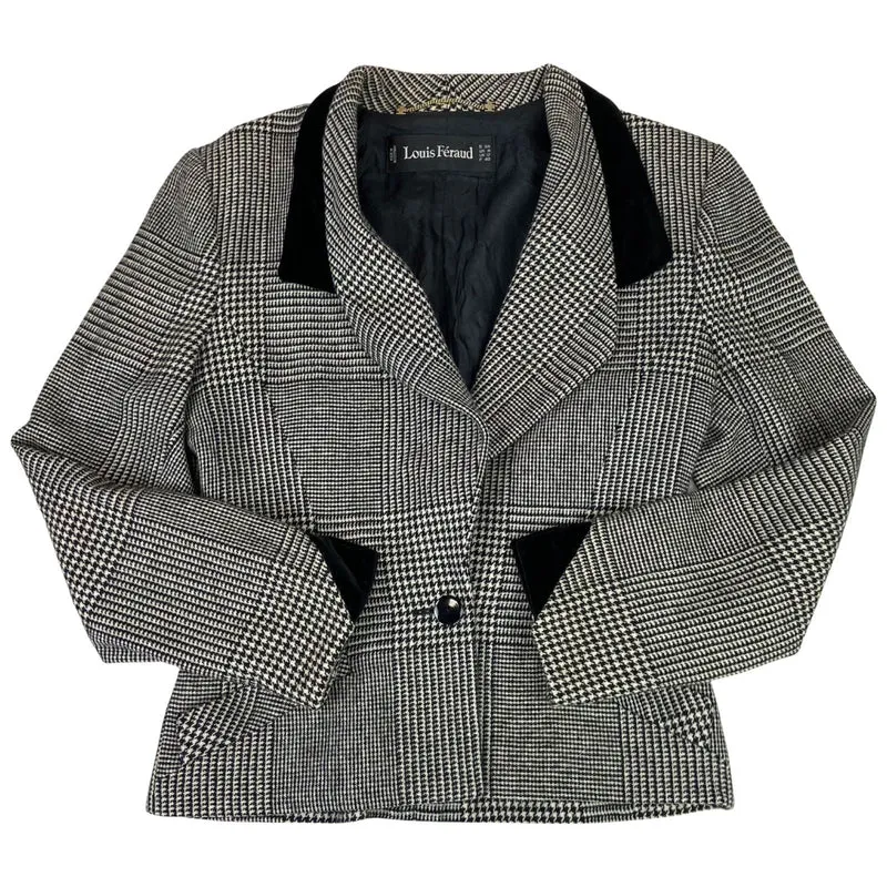 Vintage 90s Black White Louis Feraud Dogtooth Patterned Button Up Blazer M 12/14