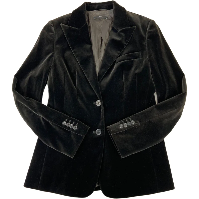 Vintage 90s Black Hugo Boss Velvet Button Up Fitted Blazer M 12/14