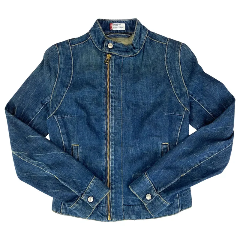 VTG 90s LEVIS INDIGO ENGINEERED GIRLS DENIM BIKER JACKET ROCKABILLY 30” CHEST XS