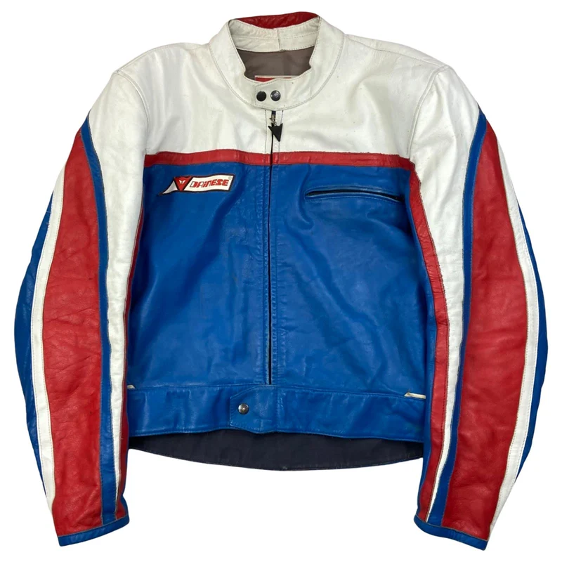 VTG 80s DAINESE ITALY LEATHER BIKER JACKET ZIP MOTORCYCLE RACING ROCKER 44” L