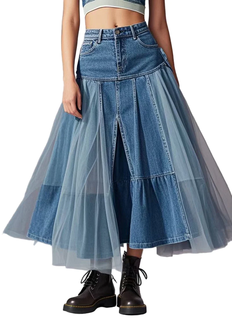 Kvinnors Denimstil kjol med Tyll Detaljer