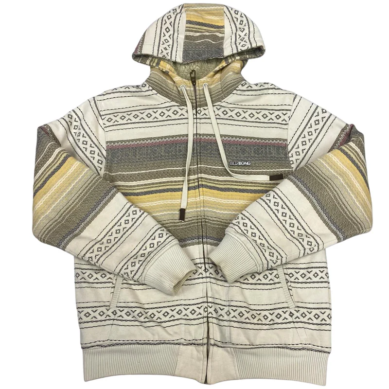Vintage 00s Cream Billabong Geometric Patterned Zip-Up Hoodie Sweater Jumper M