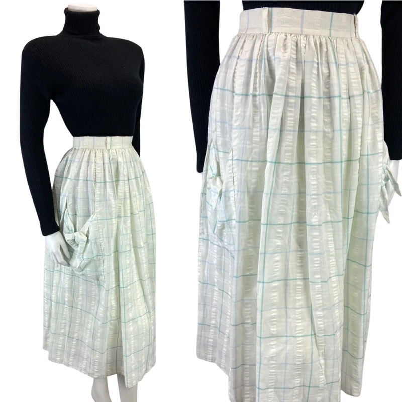 VINTAGE 80S WHITE BLUE GRID CHECK SWING POCKET MIDI SKIRT 8 10 S
