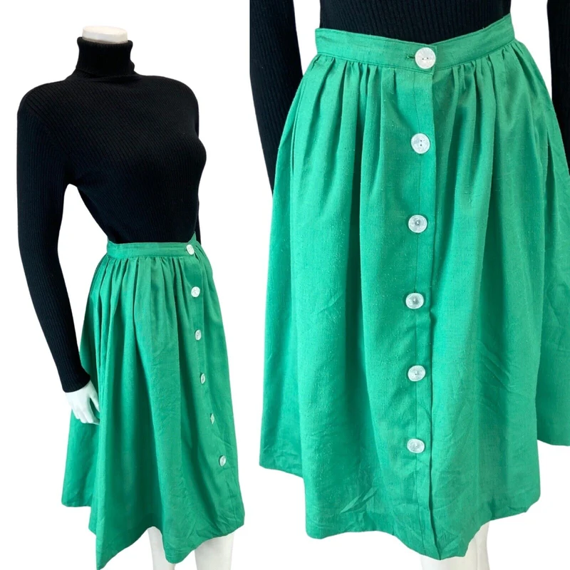 VINTAGE 80S GREEN BUTTON DOWN SWING MIDI SKIRT XS 4