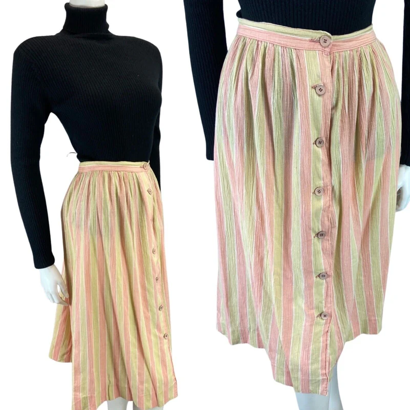 VINTAGE 80S PEACH PINK CREAM SWING BUTTON DOWN MIDI SKIRT 8 10 S