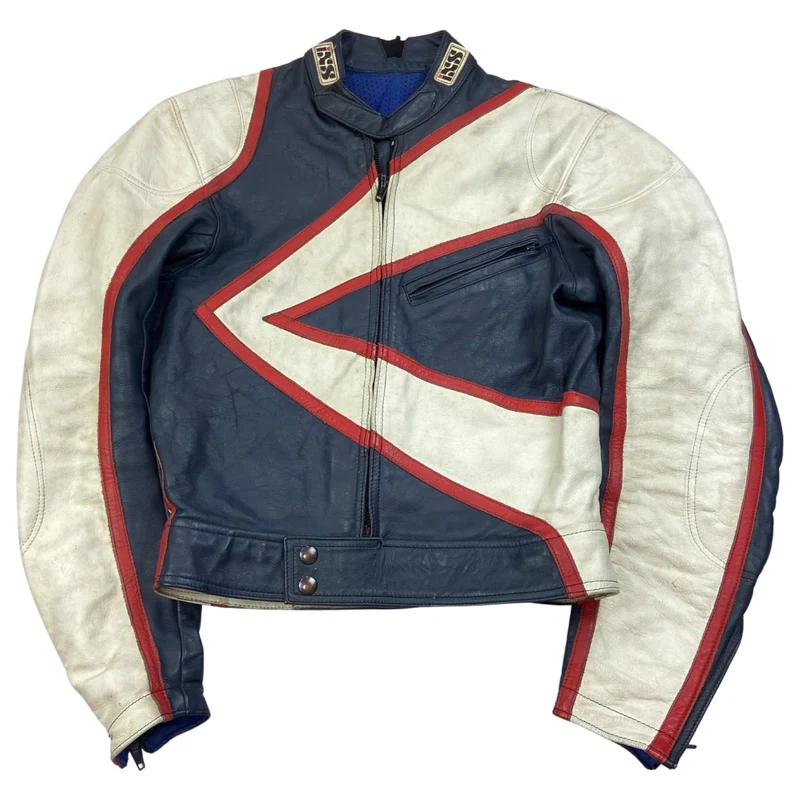 VTG 80s IXS LEATHER BIKER JACKET ZIP MOTORCYCLE RACING ROCKER 34” XS