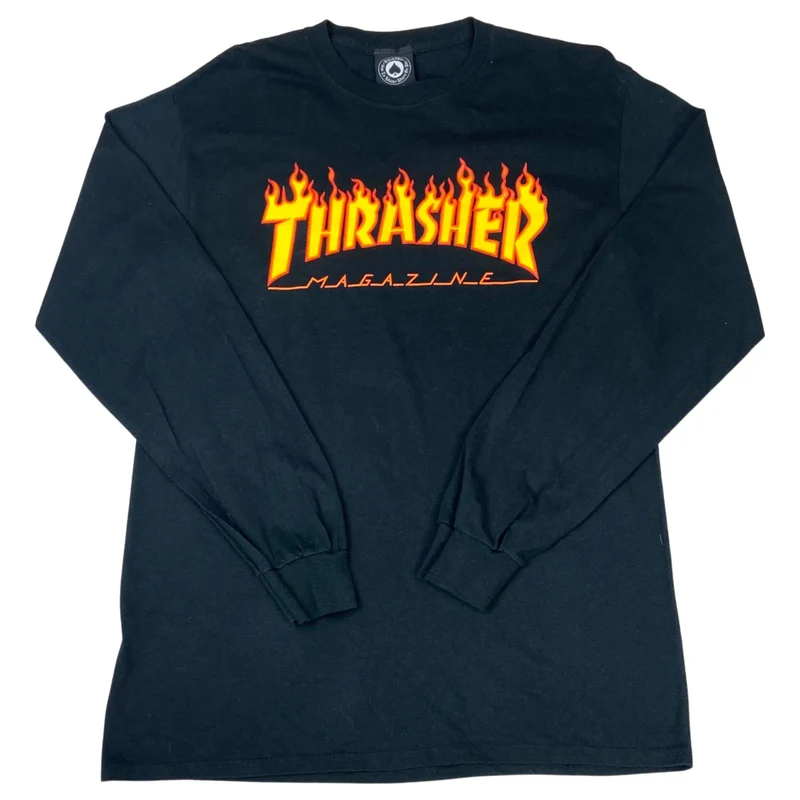 Y2K Black Thrasher Magazine Flaming Logo Skateboarding Long-Sleeve Tee Medium