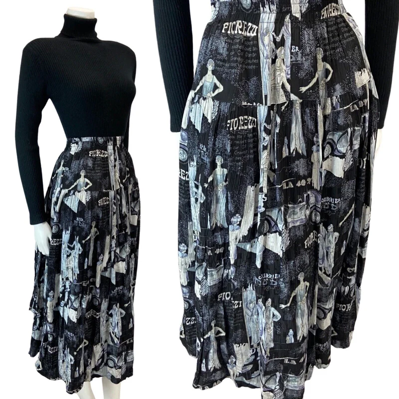 VINTAGE 80S BLACK GREY 20S FLAPPER GRAPHIC PRINT SWING MIDI SKIRT XS S