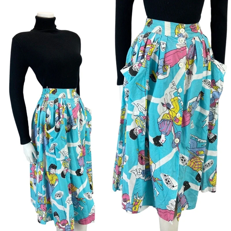 VINTAGE 80S BLUE GRAPHIC PRINT BOLD CARTOON BUTTON DOWN MIDI SKIRT 4 6