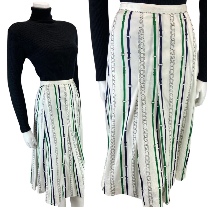 VINTAGE 70s 80S WHITE GREEN STRIPE HORSE SHOE CHAIN MIDI SWING SKIRT S 8 10 S