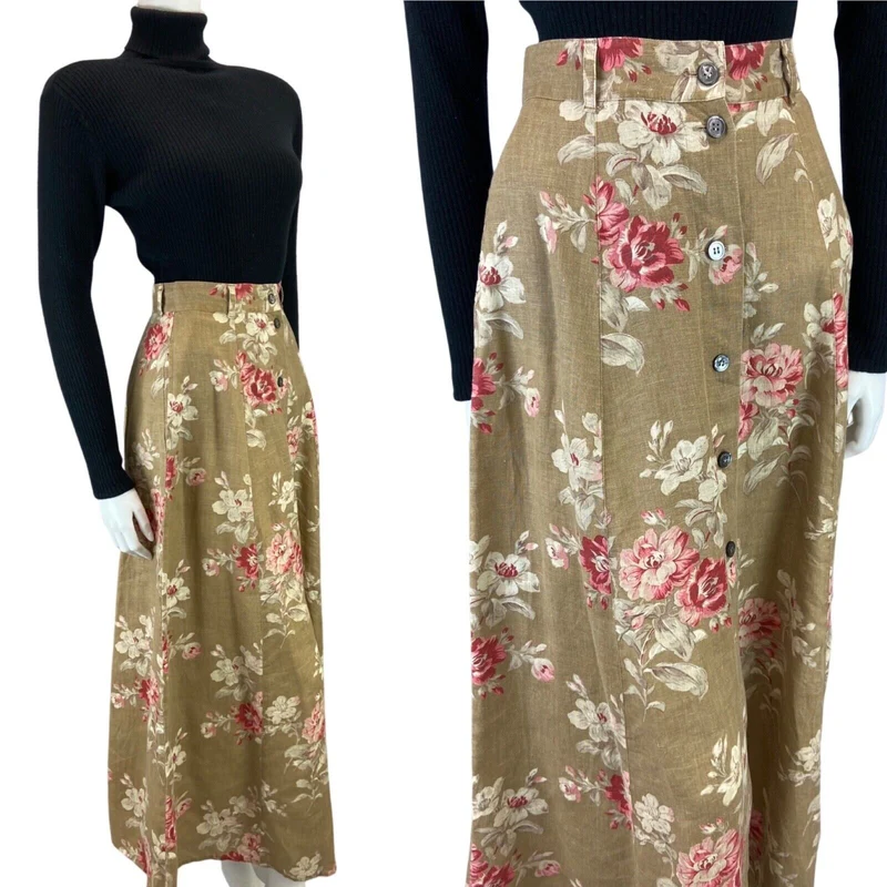 VINTAGE 80S BEIGE PINK LAURA ASHLEY FLROAL BUTTON DOWN MAXI SKIRT 8 S
