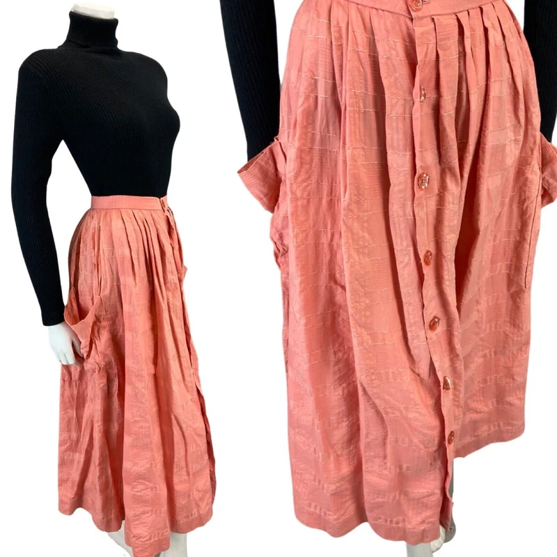 VINTAGE 80S CORAL GRID CHECK SWING POCKET BUTTON DOWN MAXI SKIRT XS 6