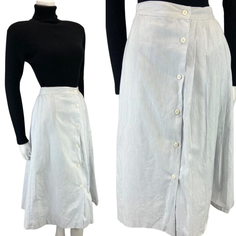VINTAGE 80S 90S WHITE BLUE CACHAREL DESIGNER SWING MIDI BUTTON DOWN SKIRT 8 10 S