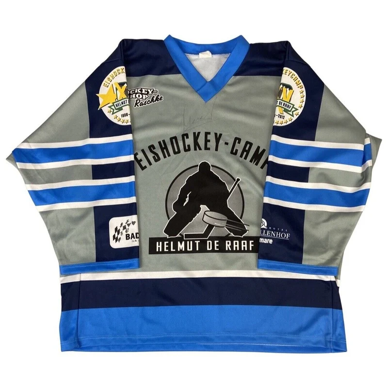 Grey, White & Blue Signed Helmut De Raaf Eishockey Camp Hockey Jersey XL