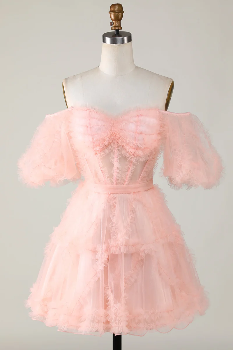 Blush Rosa Tyll Off Shoulder A-linjeformad Kort Homecoming Festklänning