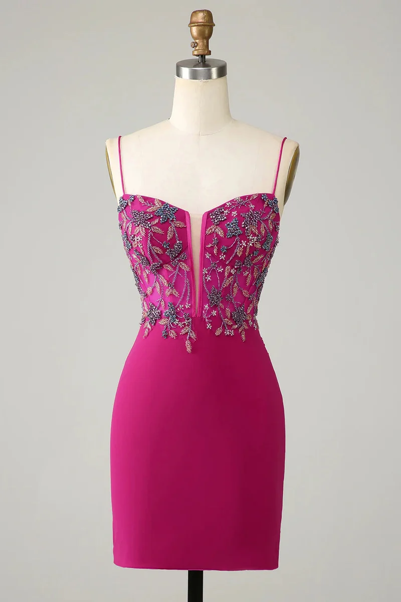 Fuchsia Pärlfärgad Bodycon Homecoming Klänning, Spaghetti Bands Kort Festklänning