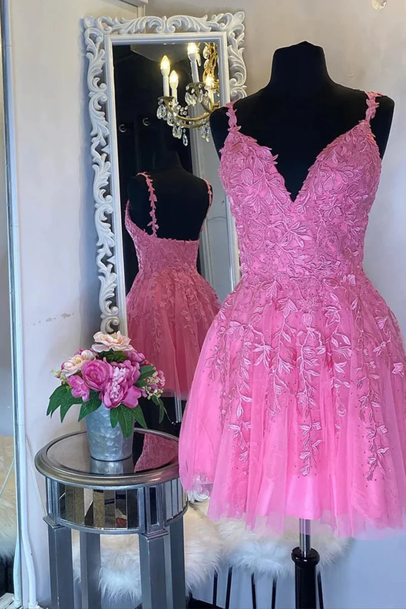 Elegant Rosa A-linjeformad Ärmlös Homecoming Klänning med Spetsapplikationer