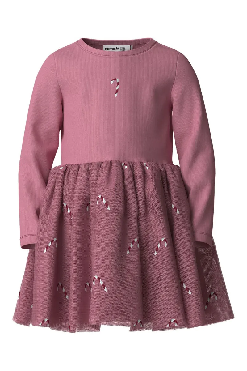 Name It - Nmfveross Ls Tulle Dress - 5096781 Wild Rose Candy Canes