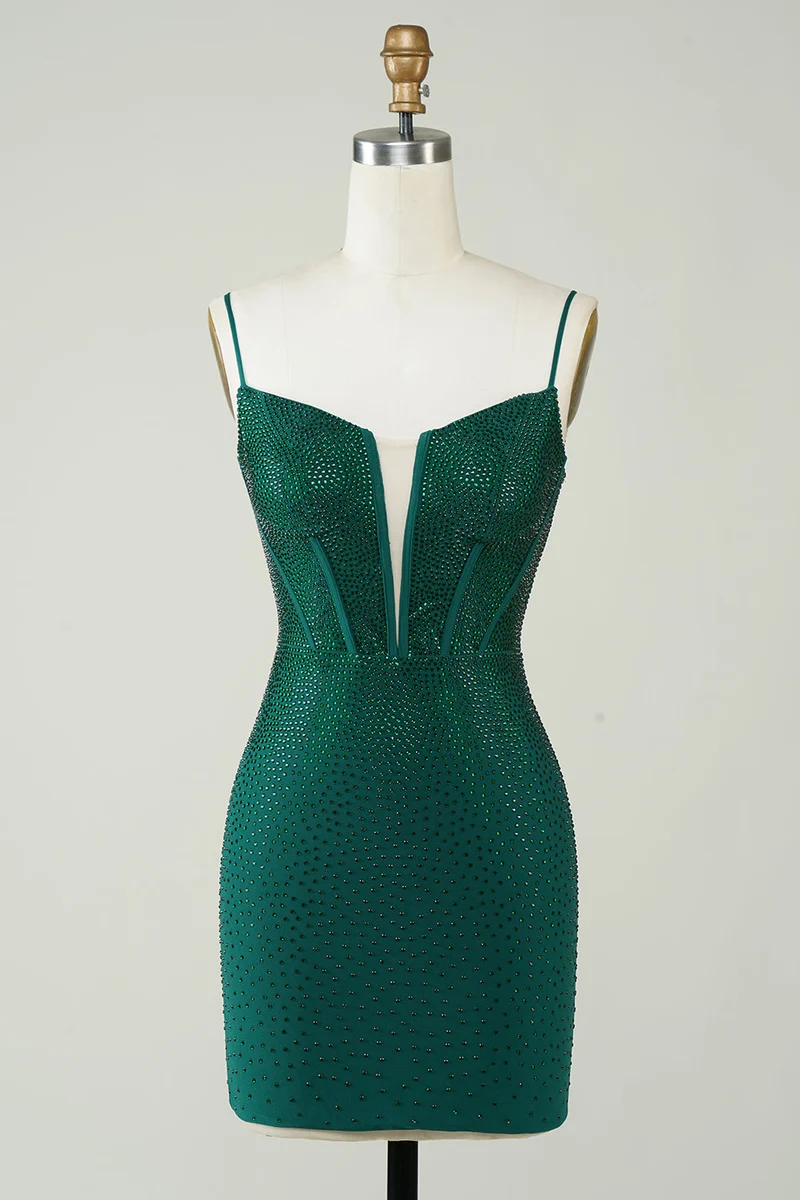Mörkgrön glittrig bodycon-klänning med spaghettiband och pärlor