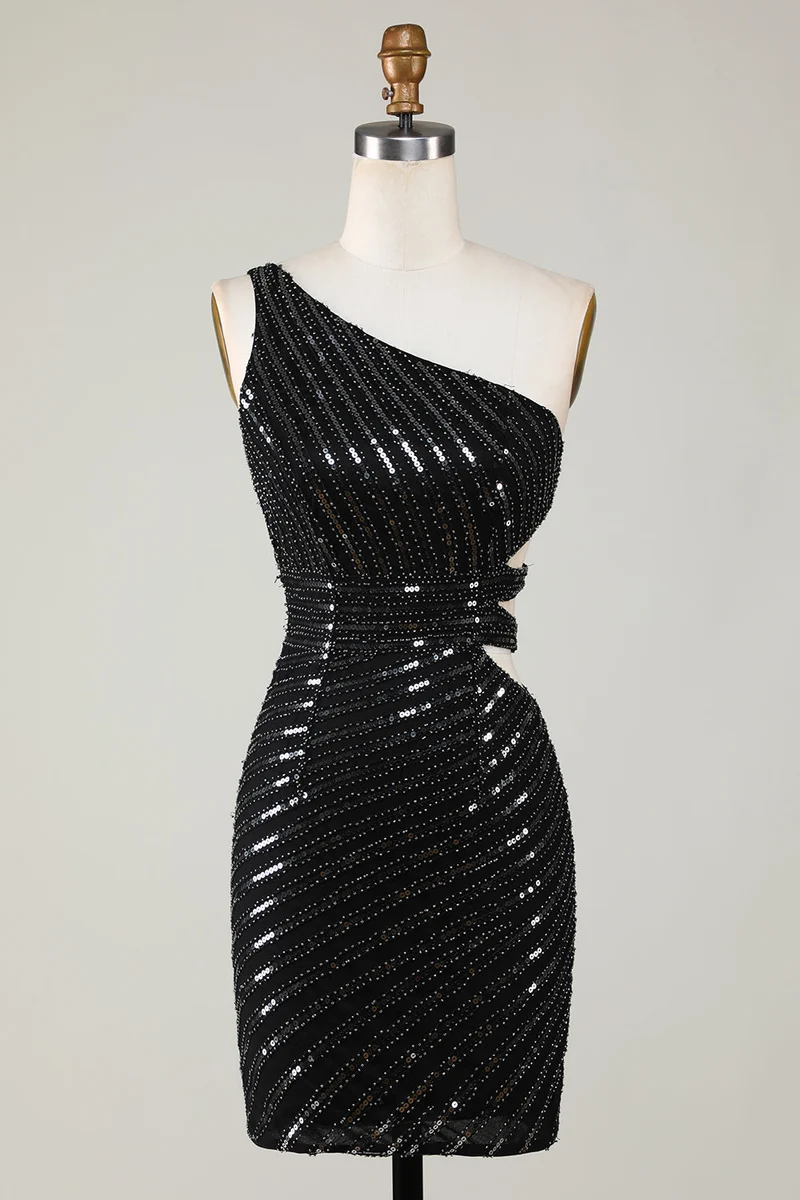 Elegant svart, enaxlad, paljettfärgad bodycon-klänning med utskärning