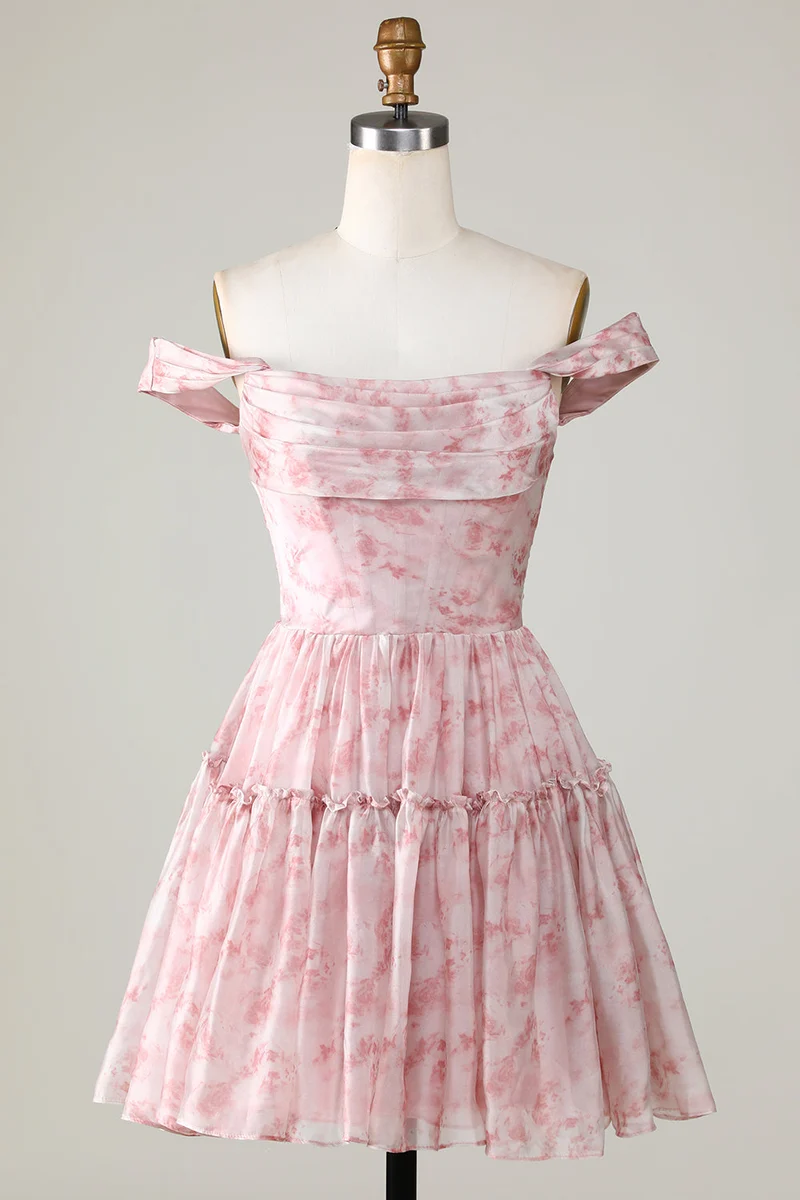 Elegant blush-mönstrad A-linjeformad homecoming-klänning med volanger och tyll