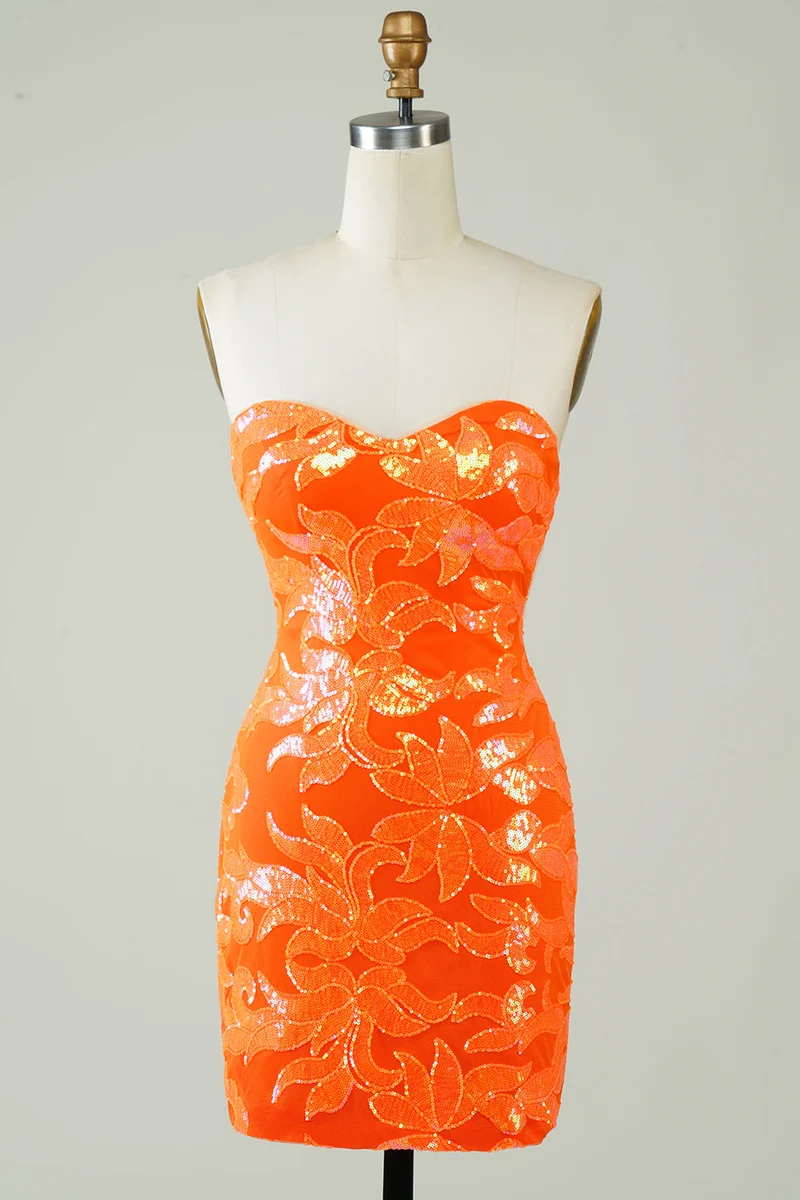 Elegant Orange Axelbandslös Paljett Homecoming Klänning Tight Passform Mini Längd