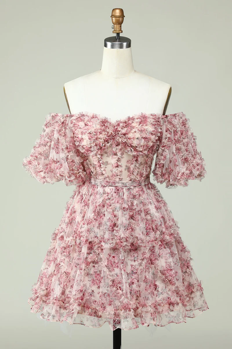 Bara Axlar Blommig Homecoming Klänning Elegant Tyll Applikation Kort Festklänning