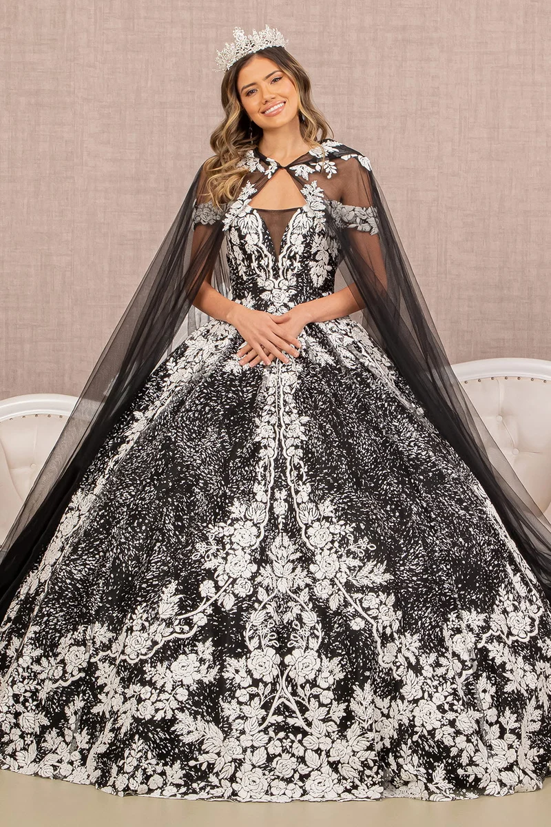 Off Shoulder Blommönster Glitter Quinceanera Klänning med Long Mesh Cape från Elizabeth K - GL3168