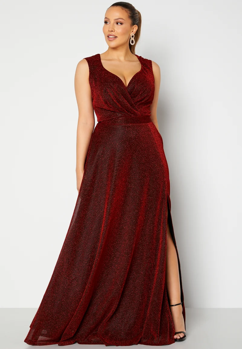 Glitter Wrap Front Maxi Curve Dress With Split