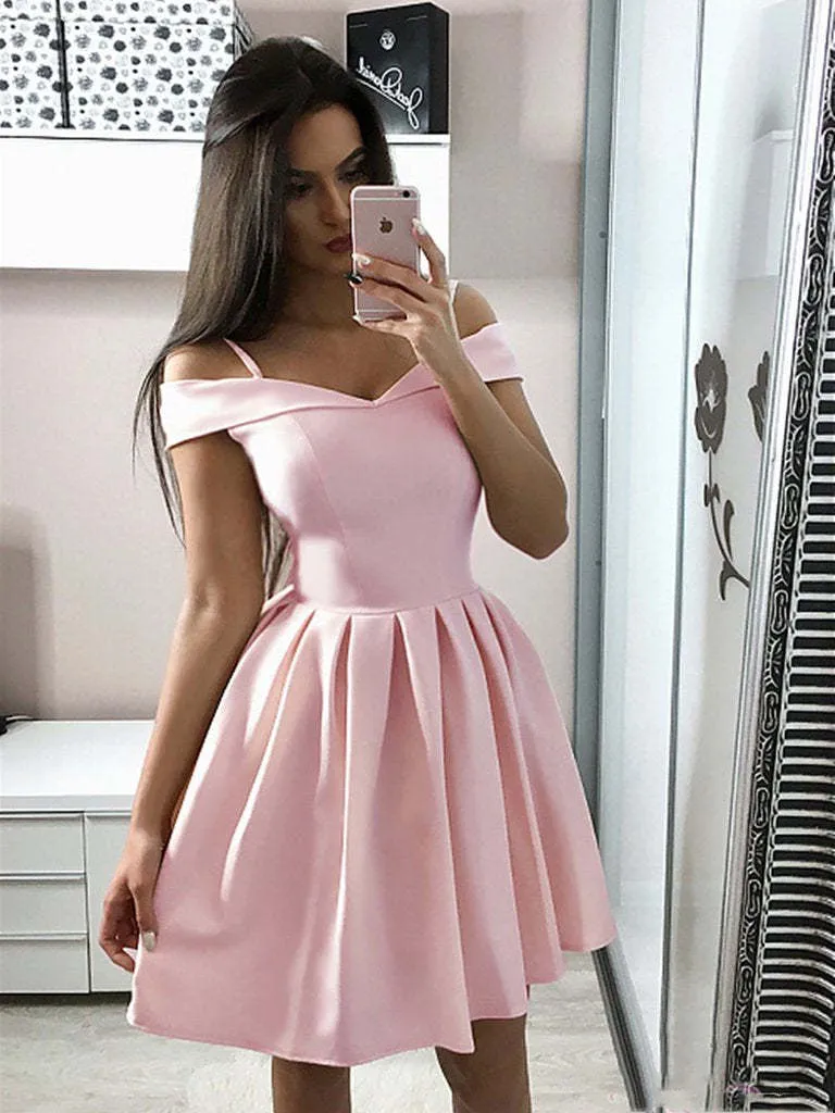 Söt Rosa Off-Shoulder Homecoming Klänning Kort Balklänning Formell Aftonklänning