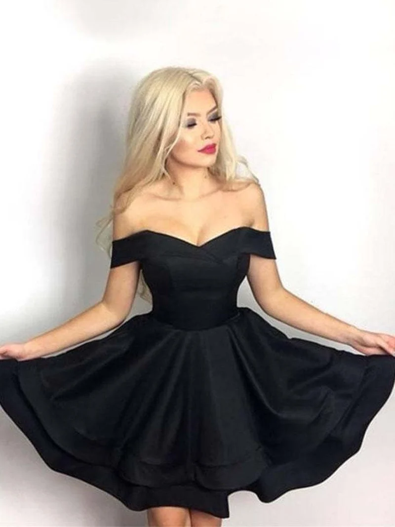 Söt Svart Off-Shoulder Layered Satin Kort Balklänning för Homecoming