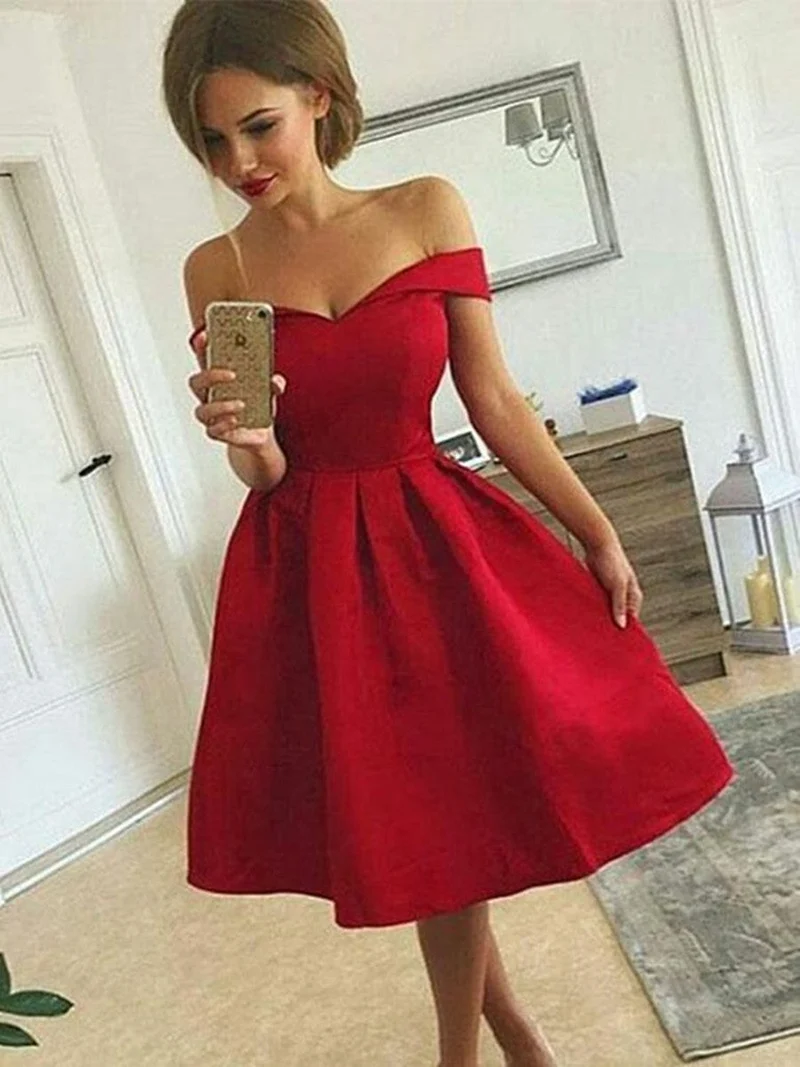 Charmig Off-Shoulder Röd Satin Kort Balklänning Homecoming Graduation Formell