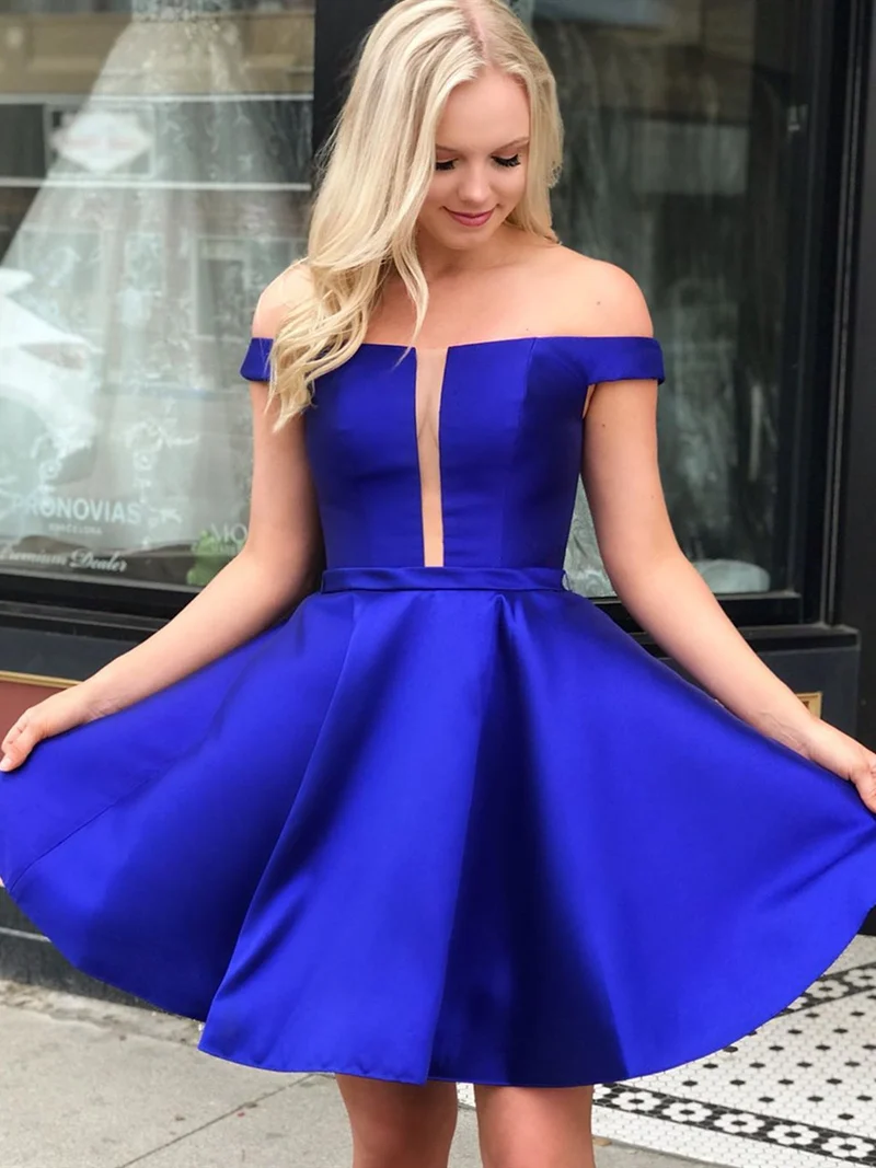 Kungsblå Off Shoulder Kort Balklänning Homecoming Examensklänning