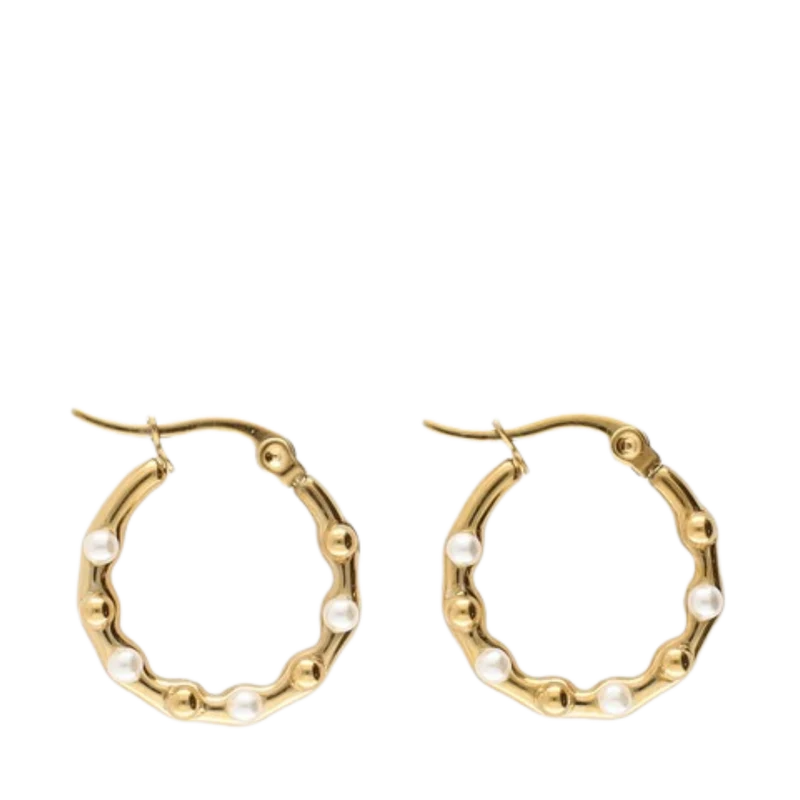 Hoop Earrings with Dots and Pearls - Gold